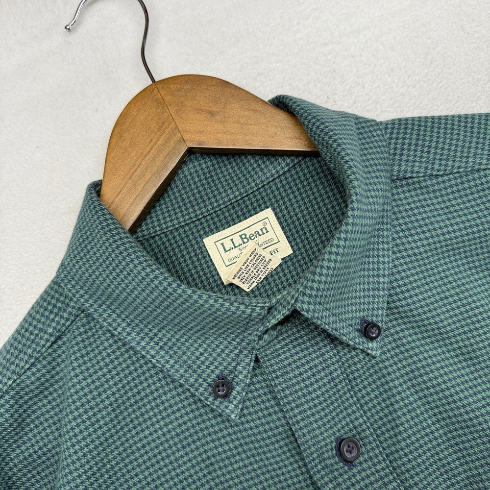 LL Bean Flannel Shirt Mens Large Green Houndstooth Plaid Check Cotton Outdoor